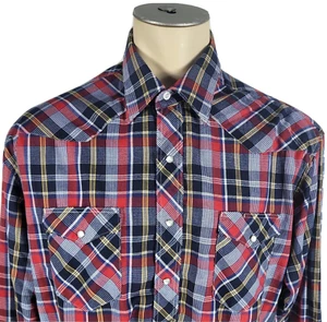Vintage Wrangler X-Long Tails Plaid Western Pearl Snap Red Blue Shirt Sz 17 35 - Picture 1 of 6