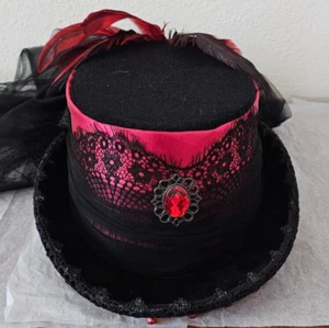 Halloween Victorian Gothic Red and Black Vampire Hat with Veil - Picture 1 of 16