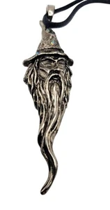 Vintage Wizard Pendant Necklace Gandalf Merlin Silver Tone AB RS Black Cord 3" - Picture 1 of 5