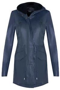 Women's Navy Blue Leather Parka Jacket Hooded Multi-Pocket Trench Coat - Picture 1 of 5