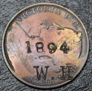 1890 GREAT BRITAIN PENNY - BRONZE  **COUNTERSTAMPED”1894 W.H. - JONES” - Nice - Picture 1 of 5
