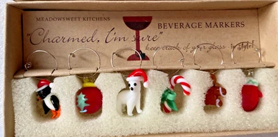 Box of 6 Christmas Wine Glass Charms Meadowsweet Kitchens Fun for Holidays NOS - Image 1 of 4