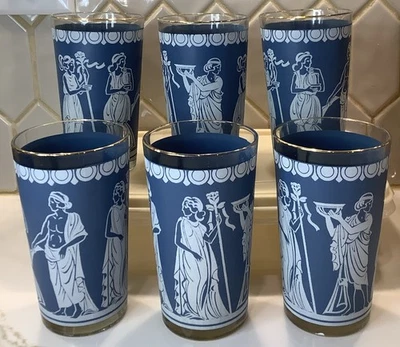 Juego de 6 vasos MCM Jeannette Helénico Wedgwood azul 5" griego romano Foto 1 de 4