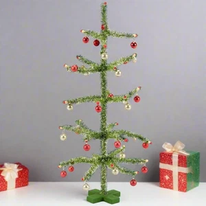 Primitive Retro 12" Vintage Christmas Tree w/ Silver/Red Ornaments - Picture 1 of 4