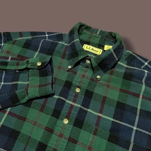 Vintage LL Bean Corduroy Shirt Mens Large Button Down Dark Green Red Blue Plaid - Picture 1 of 7