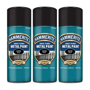 3x Hammerite Direct To Rust Satin Black Aerosol Quick Drying Spray Paint 400ml - Picture 1 of 7