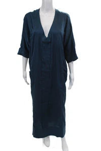 Donna Karan Womens Short Sleeve V Neck Satin Midi Shift Dress Blue Size XS - Picture 1 of 6