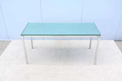 Mesa de comedor/escritorio de vidrio y acero inoxidable estilo Milo Baughman moderno de mediados de siglo Foto 1 de 4