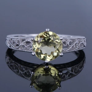 Natural Round Lemon Crystal Solid 10K White Gold Engagement Wedding Ring Round - Picture 1 of 5