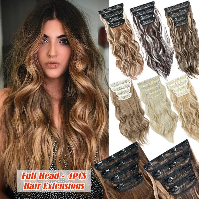 4Pieces Clip In Long Thick Hair Extensions Full Head Curly Hightlight as Human - Image 1 of 4