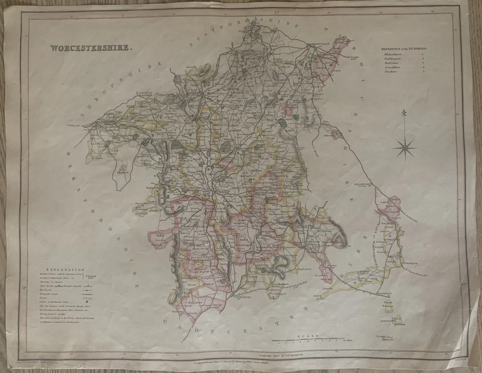 1830 Worcestershire by Hoare & Reeves Large Antique Hand Coloured Map - Image 1 of 4