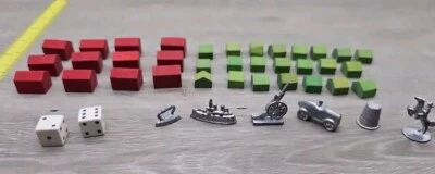 Vintage Monopoly Game Pieces 22 Wooden Houses, 12 Hotels, 6 Metal Pieces, Dice - Image 1 of 4