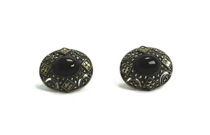 Judith Jack Sterling Silver Onyx & Marcasite Omega Post Back Earrings - Picture 1 of 7