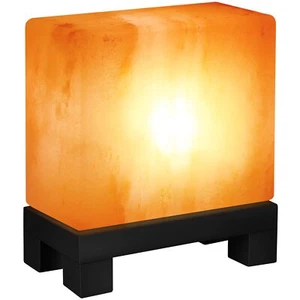 UMAID Himalayan Salt Lamp Rectangle Natural Pink Rock Lamp on Modern Wood Base - Picture 1 of 8