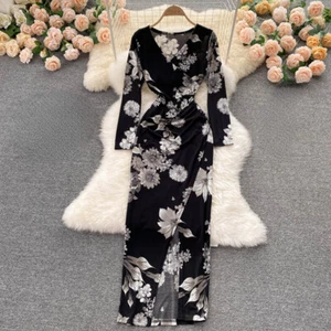 Women Floral Bodycon Dress Long Sleeve V-neck Split Stretch Slim Sexy Retro Midi - Picture 1 of 14