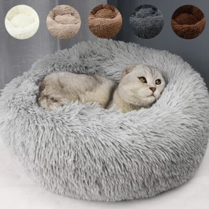 23" Soft Round Plush Pet Bed Fluffy Donut Dog Cat Calming Nest Kennel Washable - Picture 1 of 19