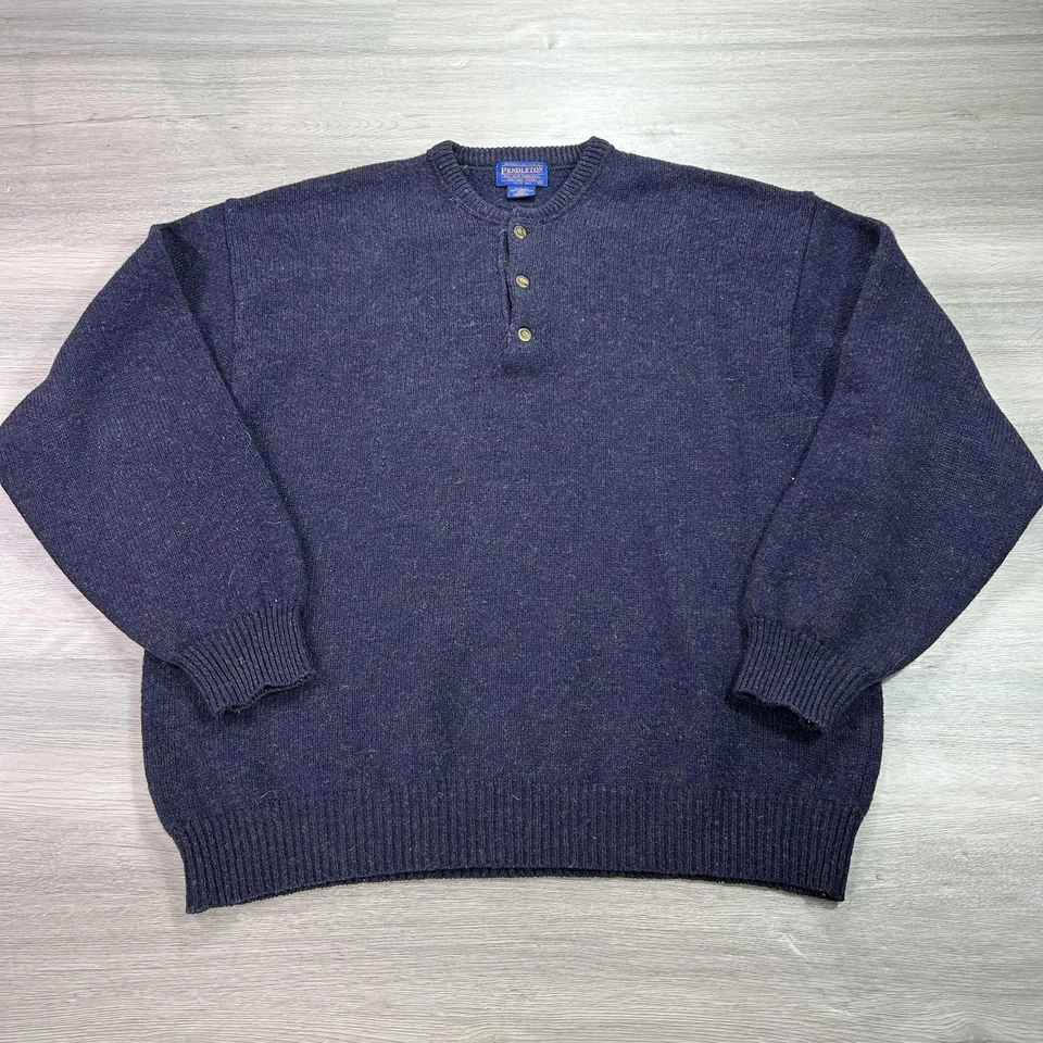 Pendleton Sweater Mens XL Navy Heather Shetland Wool Henley 3-Button Pullover - Image 1 of 4