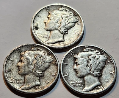 (3) 1943 S 1943 P 1945 P Mercury Dimes 10c 90% Silver (MD1) - Image 1 of 2