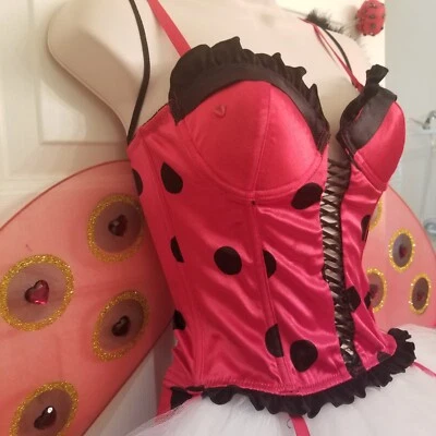 Ladies Charming Red Black Lady Bug Costume Wings, Corset, Skirt, Antennae SZ S/M - Image 1 of 4