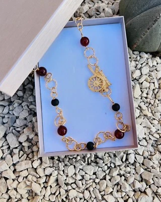 Collana Con Carretto Dorato  con pietre Agate  E Pietra Lavica Gioielli - Immagine 1 di 2