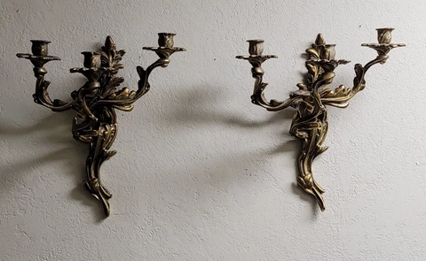 Brass Louis XV Rococo 3 Light Candle Holder Wall Sconces Pair Vintage Cover