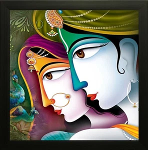 Decorative UV Textured Radha Krishna Print Framed Art Print Poster, 12X12 Inch - Picture 1 of 10