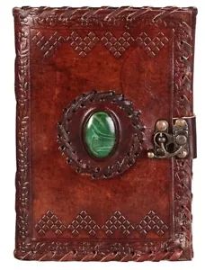 Handmade Leather Diary Journal with Antique Green Stone 200 pages Bound notepad - Picture 1 of 13