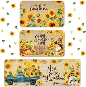 3 Pcs Sunflower Themed Kitchen Rugs Gnomes Rug Retro Non Slip Kitchen Sunflow... - Picture 1 of 3