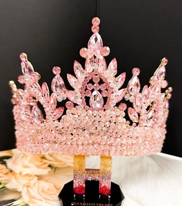 Quinceanera Crown, Bridal Pink Crown, Wedding Crown, Gold Crown, Princess Tiara - Picture 1 of 9