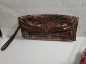 Big Buddha Santa Barbara Brown Copper Sequin Envelope Clutch Wristlet Purse - Picture 1 of 8