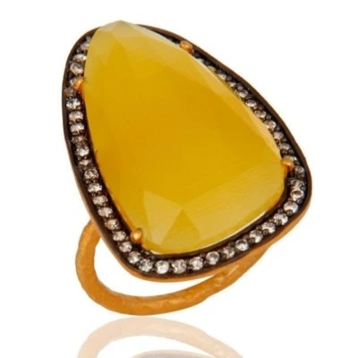 Yellow Gold Plated 925 Silver Designer Yellow Moonstone Ring Womens Jewelry — 第 1/3 张图片