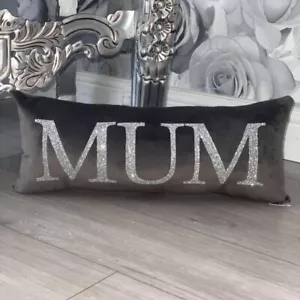 Grey plush velvet sparkly personalised mum cushion mothers day gift - Picture 1 of 2