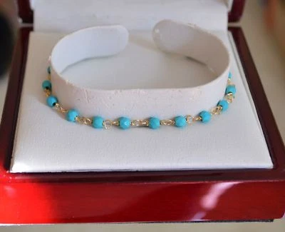 Delicate Faceted Natural Blue Turquoise 6mm Station Yellow Gold Bracelet  - Image 1 of 4