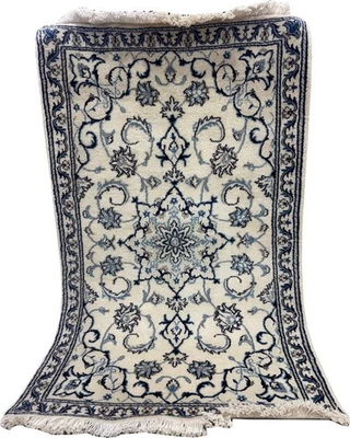 Alfombra vintage anudada a mano 100 % lana oriental Nain medallón crema 3 x 4,5 pies Foto 1 de 4