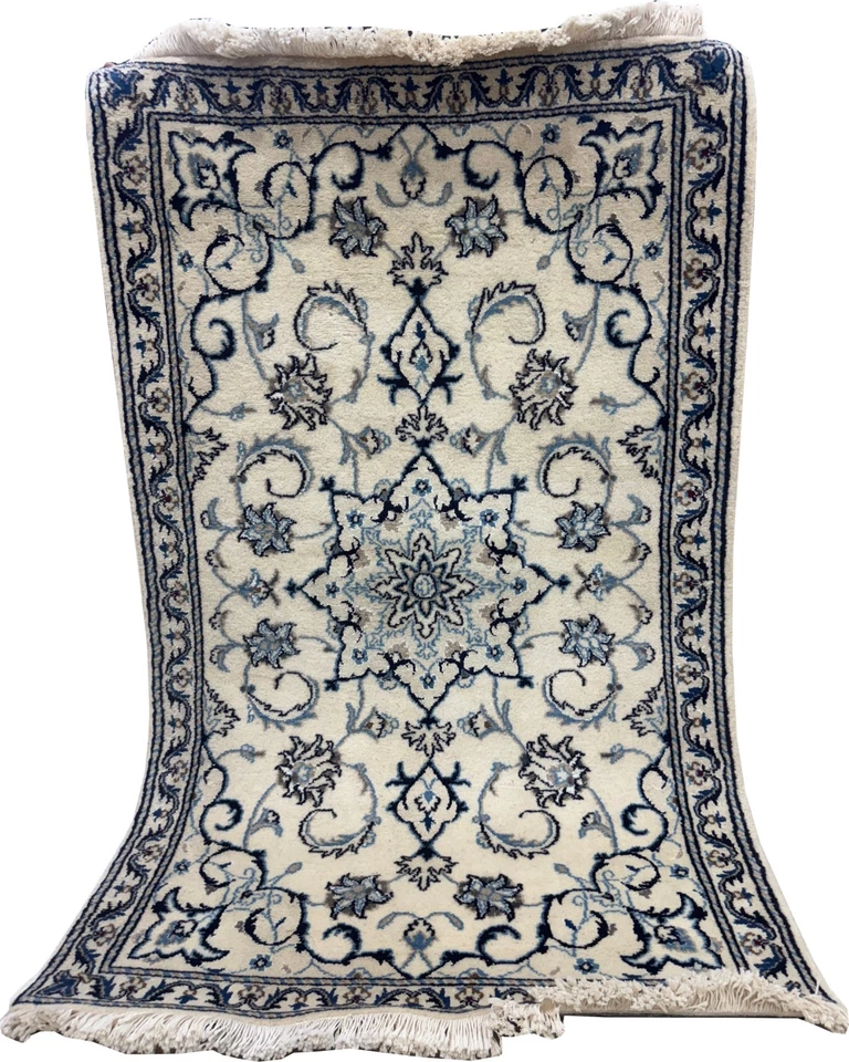 Alfombra vintage anudada a mano 100 % lana oriental Nain medallón crema 3 x 4,5 pies Foto 1 de 4