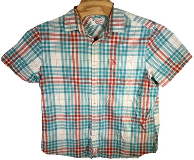 Camisa Penguin manga corta abotonada turquesa/naranja a cuadros para hombre talla 2XL delgada Foto 1 de 4