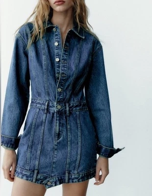 NWT Zara Women’s TRF Mini Denim Jean Dress Size Medium Long Sleeve - Image 1 of 4