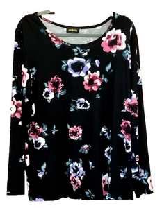 Tunica Ambria taglia 18 nera stampa floreale maglia manica lunga top casual - Foto 1 di 2