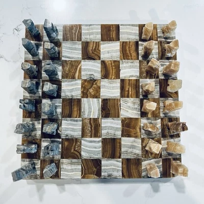 Шахматы ручной работы из оникса набор желтовато-коричневый и серый мрамор шахматы комплект - Изображение 1 из 4