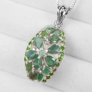 Colombian Emerald Pendant Natural Gem 925 Silver White Gold Plated Fine Jewelry - Picture 1 of 10