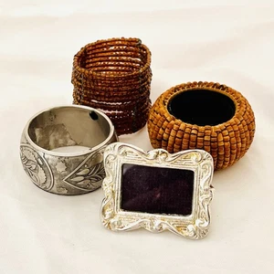 Mix Wooden Beaded Glass Metal Miniature Frame Napkin Rings Set of 4 Eclectic - Picture 1 of 11