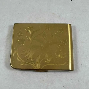Elgin American Powder Compact goldfarben mit graviertem Blumen- & Vogelmotiv auf Deckel - Bild 1 von 7