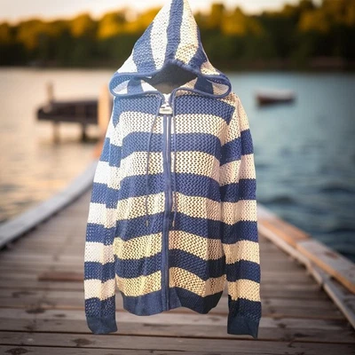 Suéter Quacker Factory Para Mujer Grande Tejido Abierto Cremallera Azul Blanco Velero Cremallera Foto 1 de 4