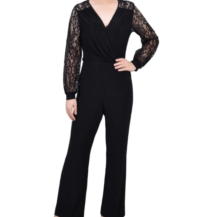 NY Collection Jumpsuit  Womens Size Small Petite PS Black Long Lace Sleeve New - Image 1 of 1