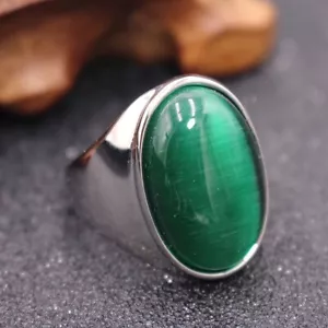 Vintage Oval Green Opal Stone Wedding Ring Stainless Steel Men Women Retro Ring - Picture 1 of 4