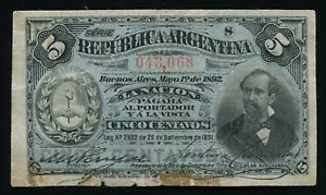 Argentina - 5 Centavos Banknote - Buenos Aires 1892 P-213(1) Avellaneda (VG) - Picture 1 of 2