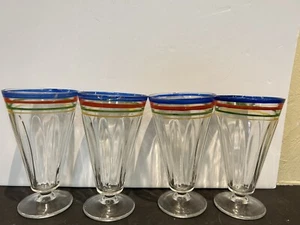 Vtg 4 Anchor Hocking Color Stripe Footed Fountain Glasses Float 6 1/2” Retro 60’ - Picture 1 of 12