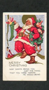 1933 Cartolina Natale in rilievo Babbo Natale ghirlanda calza regali spedita WI a IN - Foto 1 di 2