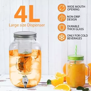 4L Glass Beverage Drinks Dispenser Jug Jar Lid Juice Cocktail BBQ Party Rustic - Picture 1 of 6