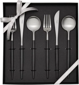 CUTIPOL GOA Schwarz Matt Silber Tafelmesser Gabel Löffel 2er Set 6 Stück Neu - Bild 1 von 8